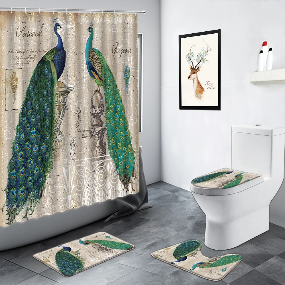 chinese style flowers peacocks shower curtain birds green bamboo plant scenery bathroom non slip rug bath toilet mats decor sets free global shipping