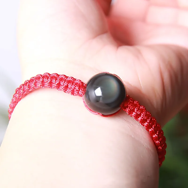 

Energy Bracelets Natural Black Rainbow Eye Obsidian Bracelet Couple Hand Woven Lucky Red/Black Rope Beads Ball For Men Women