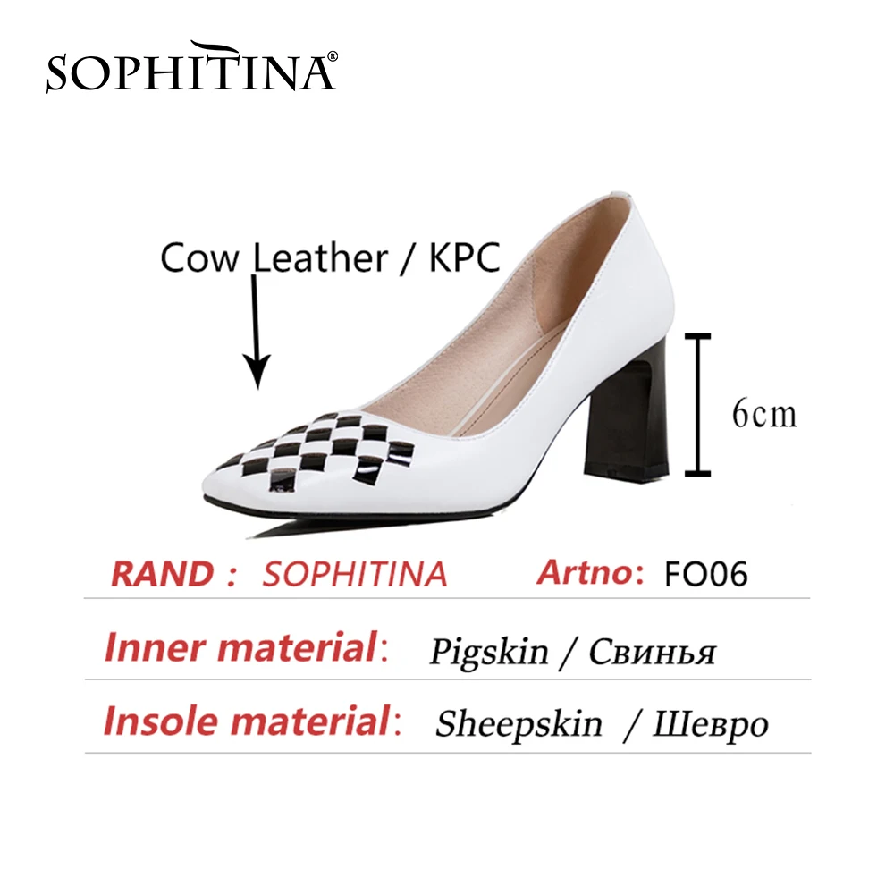 

SOPHITINA Pumps Woman Genuien Leather Shallow Square Toe Plaid Excellent Shape High Square Heel Office Lady Shoes FO06