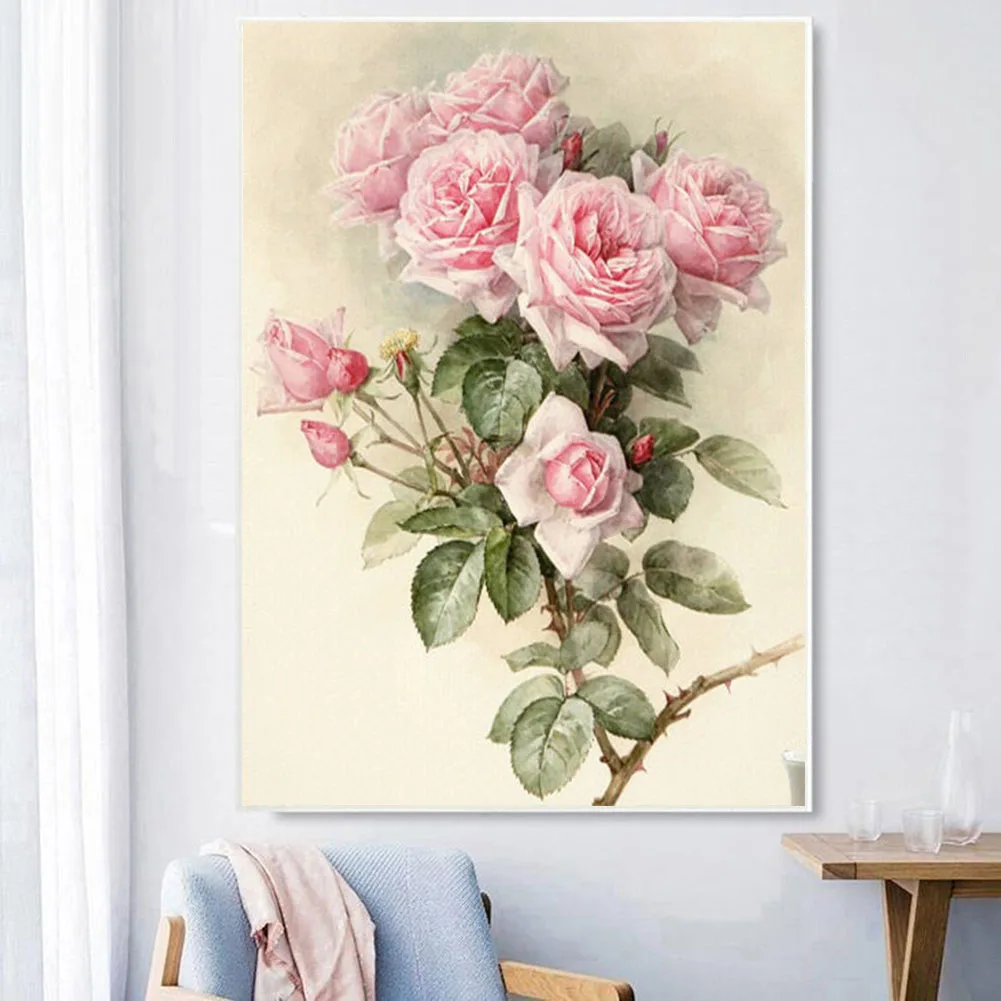 

DIY Full Drill Diamond Painting Cross Stitch Pink Roses Printed Draw Picture Rhinestones Embroidery