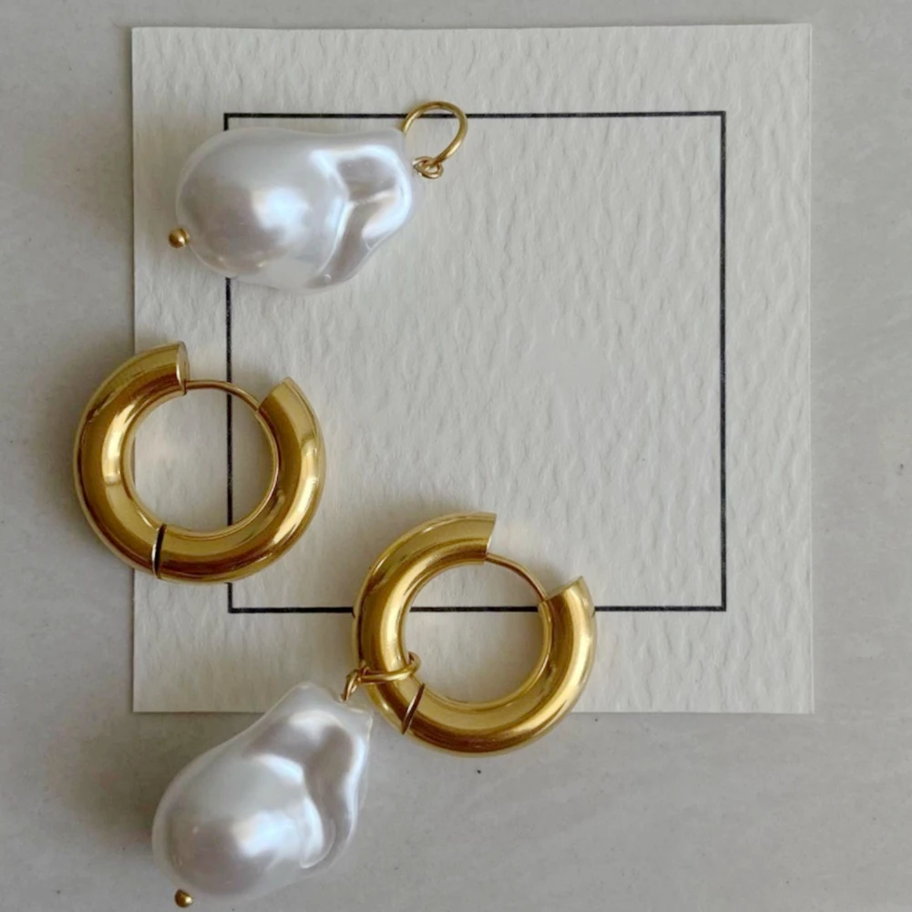 Женские серьги-кольца с жемчугом из нержавеющей стали | Украшения и аксессуары