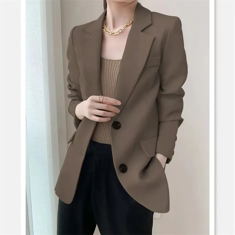 Women Blazer Black 2022 Autumn New Style Korean Temperament Fashion All-Match Design Sense Niche Suit Brown Suit Jacket Female