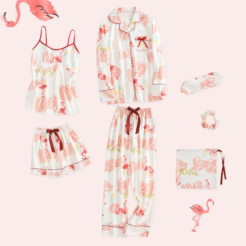 2020 100% Cotton Womens Pajamas Sets 7 Pieces Set Casual Sleepwear spring Autumn Winter Long Sleeve Cute Home Clothes women