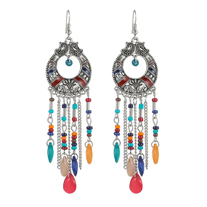 

Fashion Creative Round Hollow Earrings Women Bohemian Holiday Dangle Earrings Woman Ethnic Long Tassel Drop Earrings Jewelry