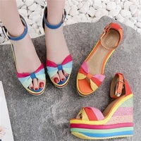 women summer sandals shoes rainbow platform wedge sandals high heels roman peep toe buckle strap sandals shoes sandalias mujer