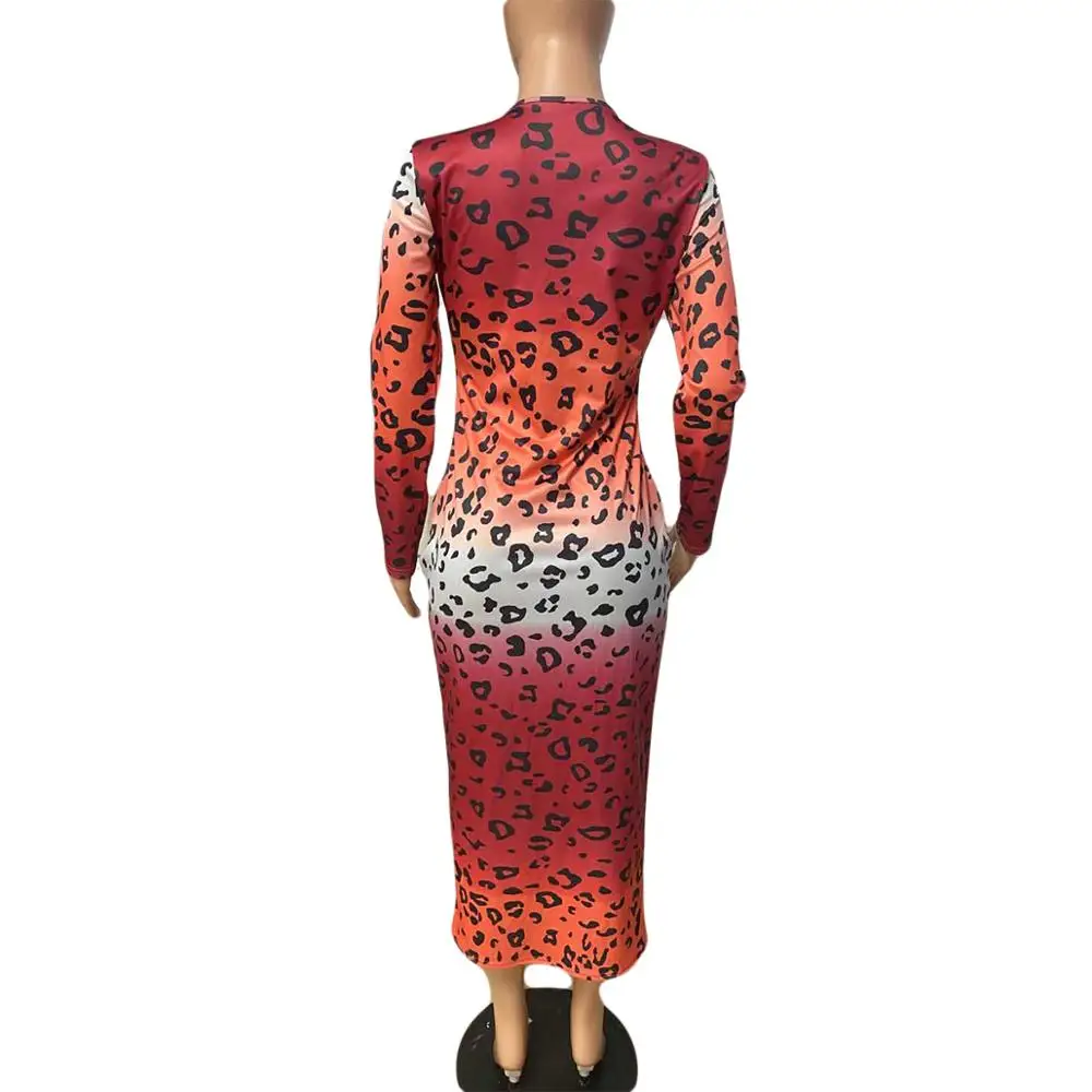 

2020 Women Long Maxi Dress Leopard Long Sleeve Dress Sexy Slim Club Dress Evening Party Bodycon Dress