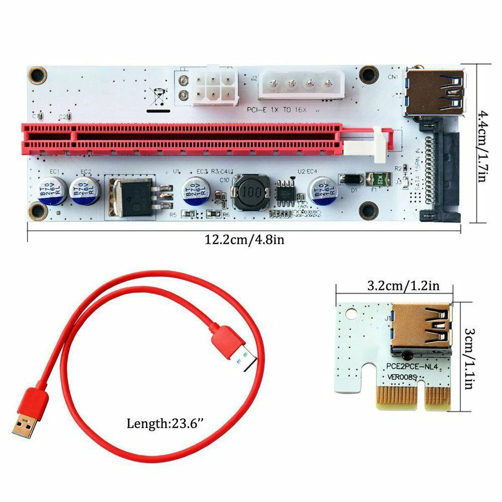 

VER008S PCI-E Riser Card PCI Express 1X To 16X Extension 60CM USB3.0 Cable 4Pin 6Pin SATA Power LED For BTC Miner Mining
