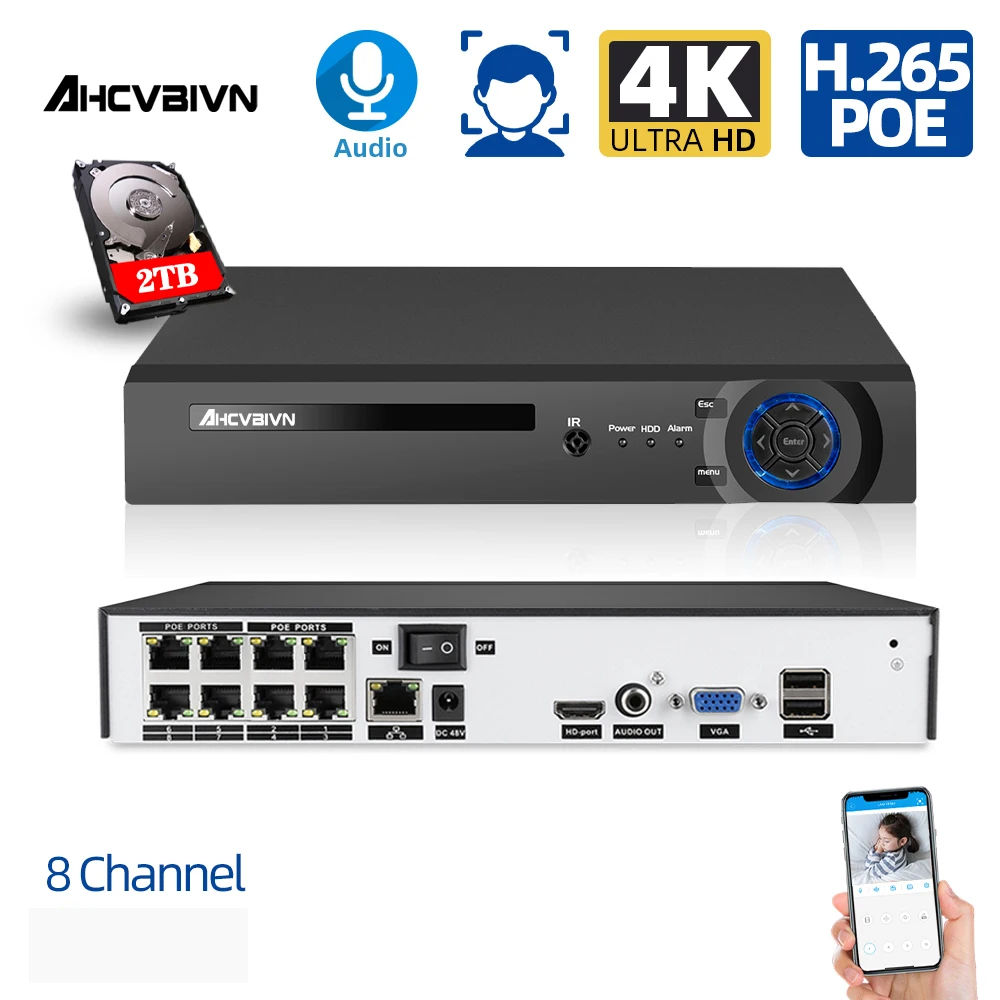 

Сетевой видеорегистратор 4K H.265 8CH POE NVR 1080P HDMI Full HD сетевой видеорегистратор Plug & Play для POE камеры домашней безопасности P2P