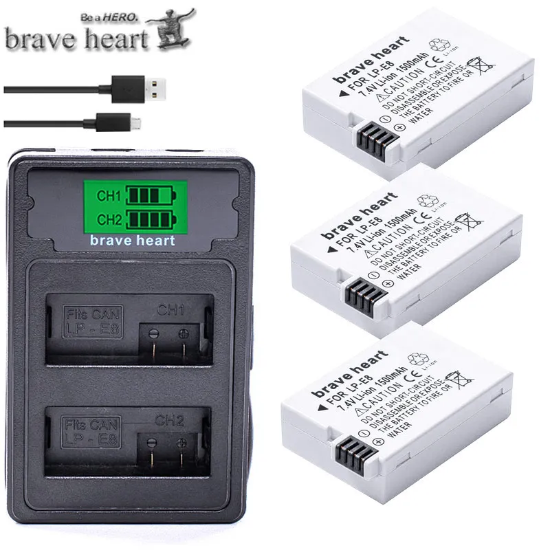 charger and 3battery Bateria LP-E8 LPE8 LP E8 Аккумулятор Акку+ тип-c lcd двойное зарядное устройство для Canon EOS 550D 600D 650D 700D X4 X5 X6i X7i T2i T3i - Цвет: charger and 3battery