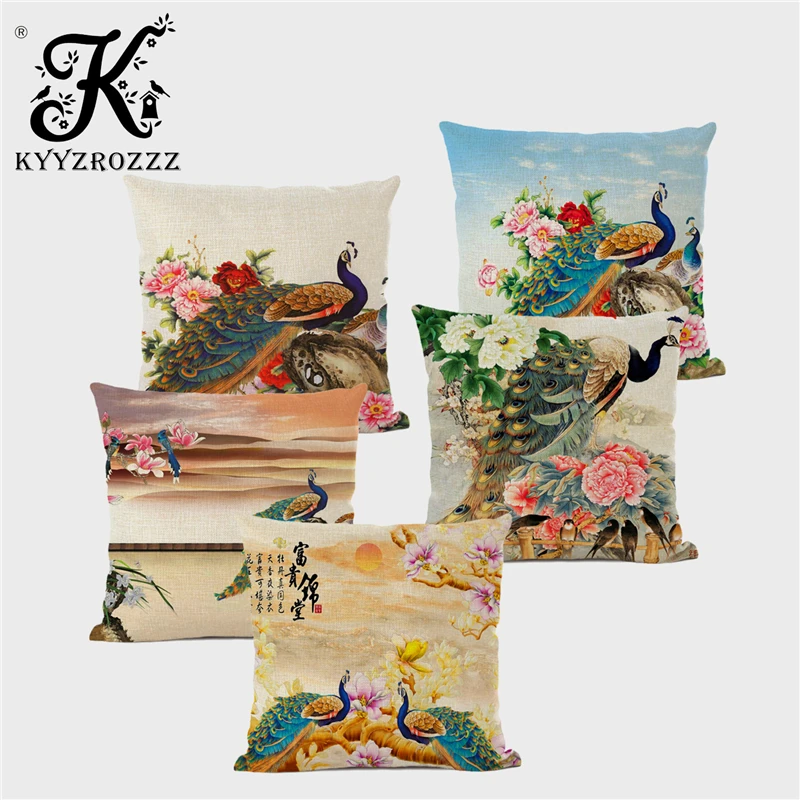 

New Home Animal Decoration Pillowcase Retro Peacock Linen Cushion Cover Chair Sofa Home Decoration Lost Pillowcase 45x45cm