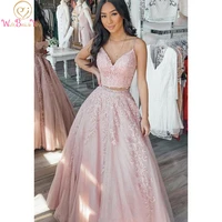 pink two pieces lace long prom gown formal dress v neck spaghetti strap sleeveless a line evening 2020 abendkleid lang