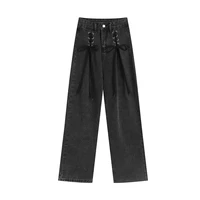 2022 women jeans chic quality high waist pockets streetwear trousers new spring autumn lace up wide vintage fashion leg pants