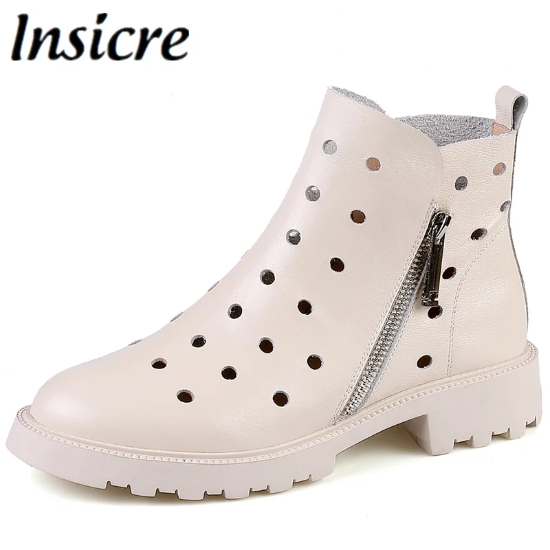 

Insicre 2021 New Spring Summer Breathable Hollow Out Ankle Boots Women Thick Heels Round Toe Side Zipper Casual Shoes White