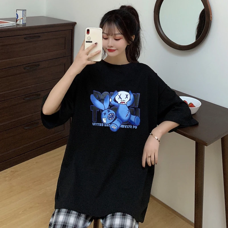 

Summer letter cartoon printing loose short-sleeved T-shirt women's bottoming shirt all-match casual top women