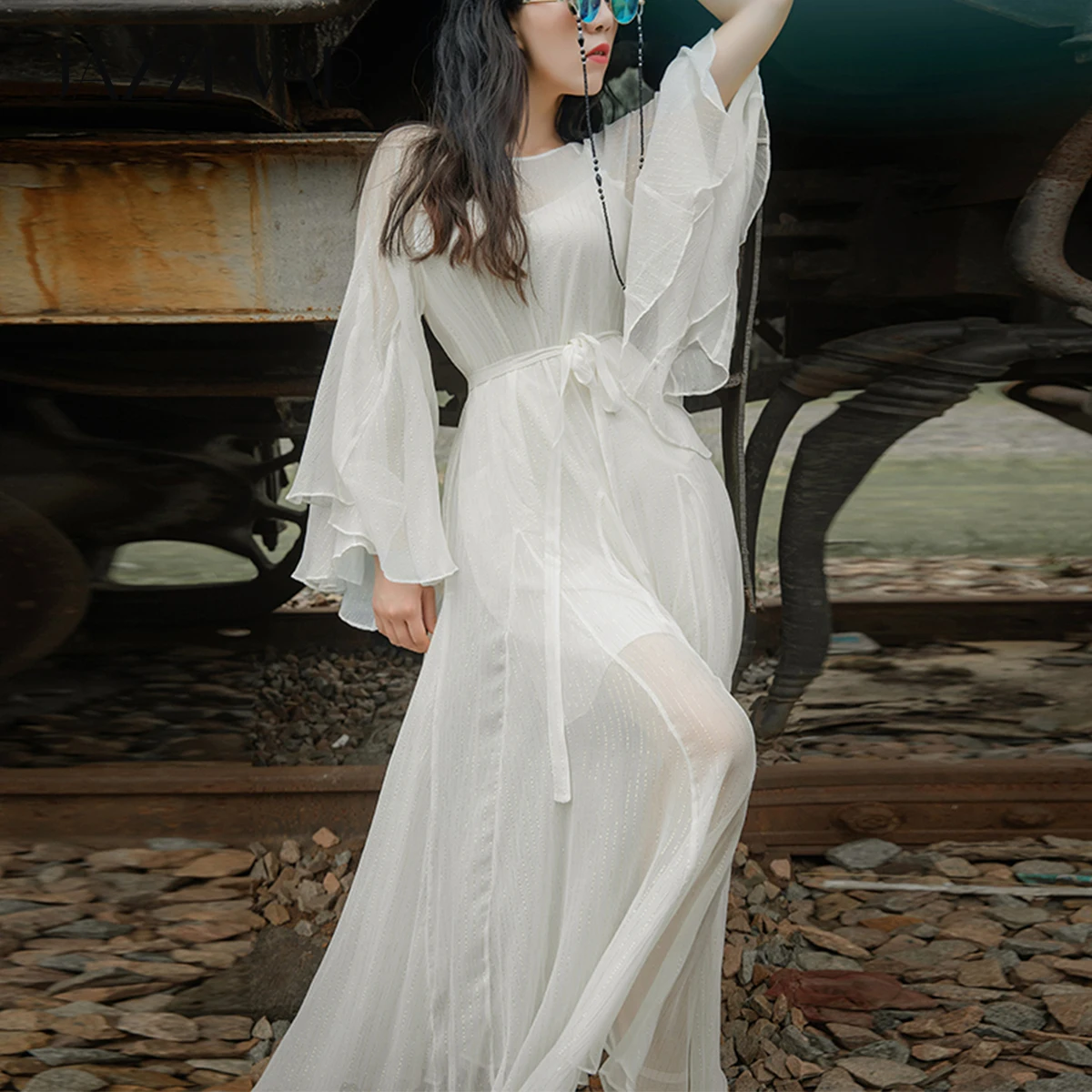 

JAZZEVAR 2021 Summer New Women Romantic Chiffon Dress Elegant Female Celestial X-long Beach style Ruffles White Maxi Dresses