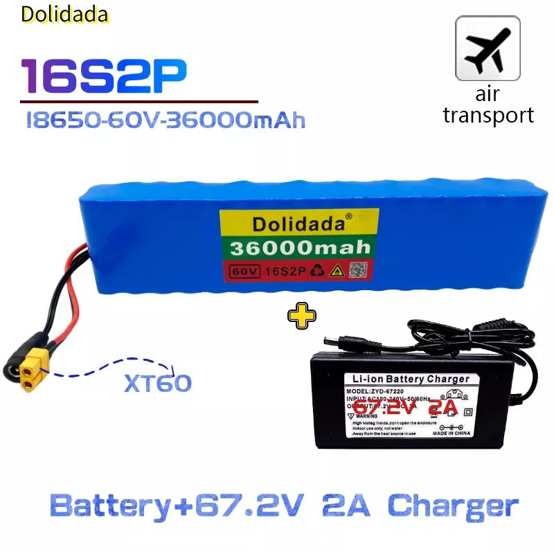 

2021 new battery pack 60V 16s2p Li ion battery pack 67.2v 36ah eBike electric bicycle scooter with BMS 1000W plug and charger