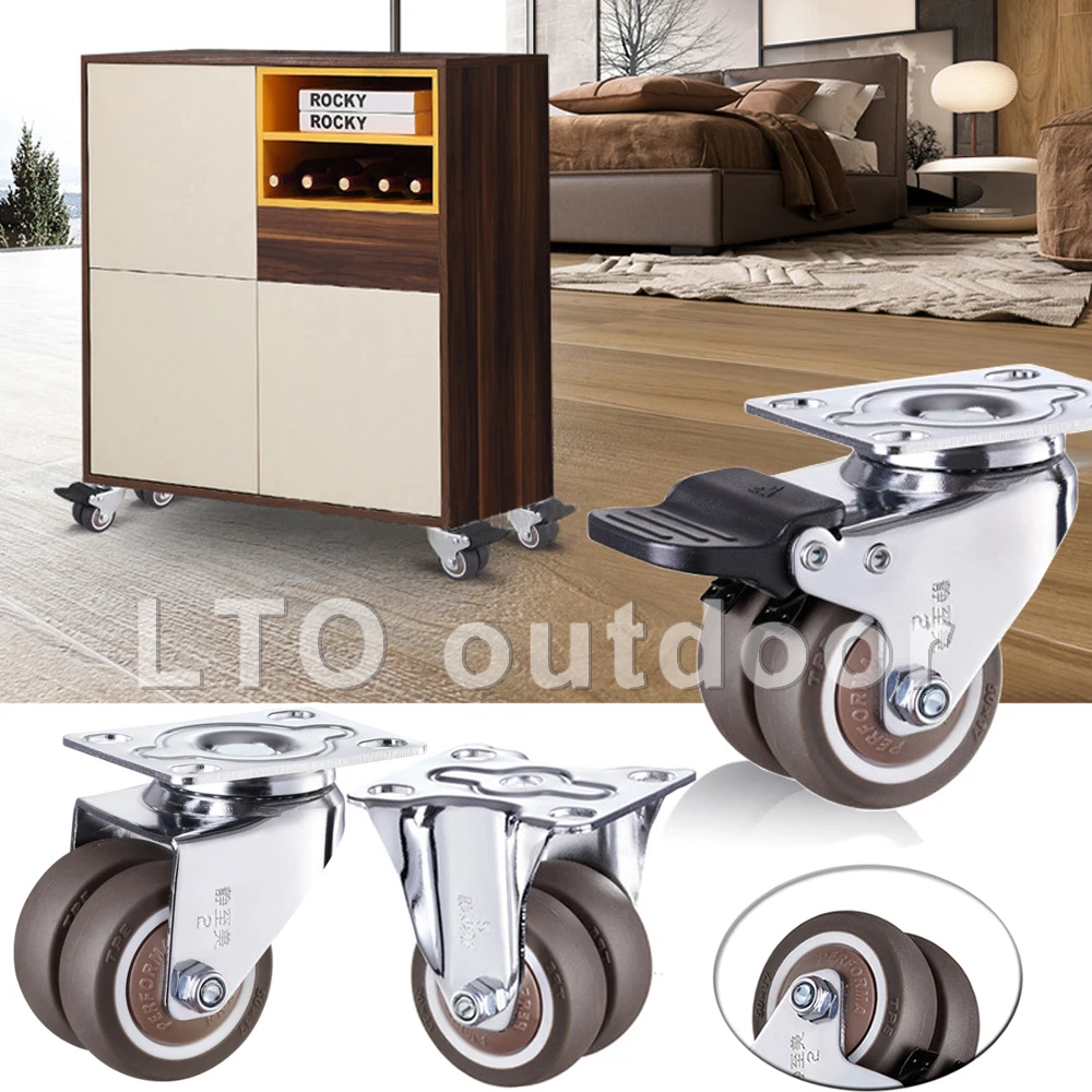 

4PCS Swivel Casters Wheels 1.5" / 2" Heavy Duty Soft Rubber Roller Furniture Caster With Brake for Platform Trolley