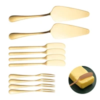 10pcs gold cake server set stainless steel cheese spatulas pizza pie pastry knifes mini forks metal cake shovel cutter tools