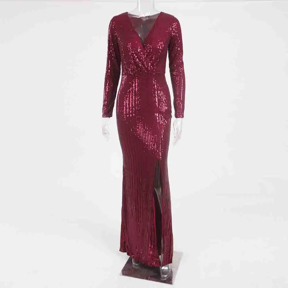 

Silver Sequined Maxi Dress Black Burgundy Green V Neck Evening Party Wrap Dress Stretchy Full Sleeved Long Lining Low Slit Leg