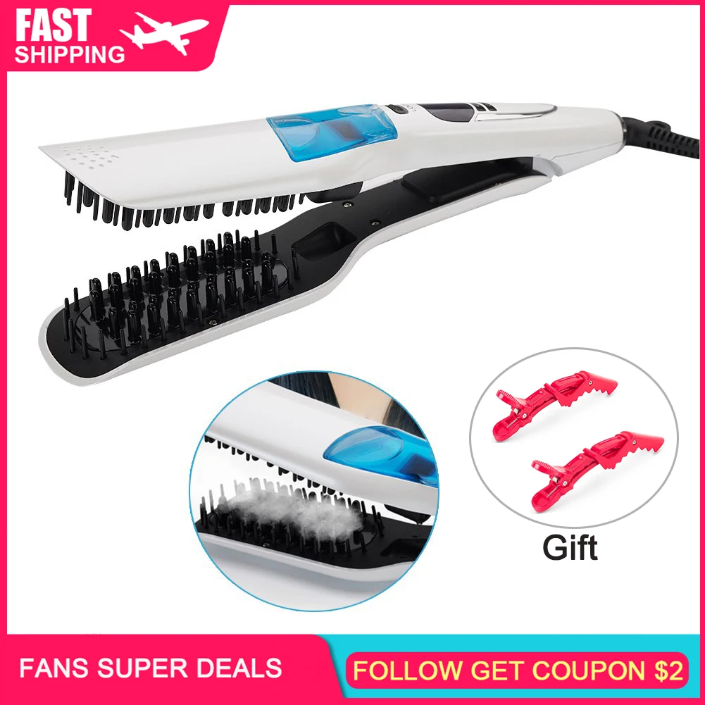 Steam Hair Straightener Brush Professional Ceramic Tourmaline Steam Spray Flat Iron Hair Straightening Comb with LCD Display ushow infrared hair straightener professional steam flat iron ceramic vapor function with led display