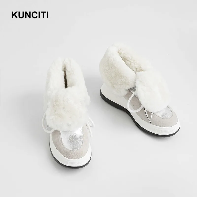 KUNCITI/; зимняя обувь; женские зимние ботильоны на шнуровке; ботинки из натуральной кожи на танкетке; модная дизайнерская теплая обувь на меху; D9182