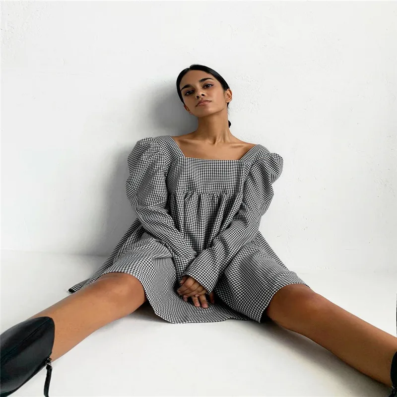 

New Vintage Women Autumn Dress Fashion Plaid Dress Long Sleeve Square Neck Female Casual Puff Sleeve Loose Dresses 2021 Retro