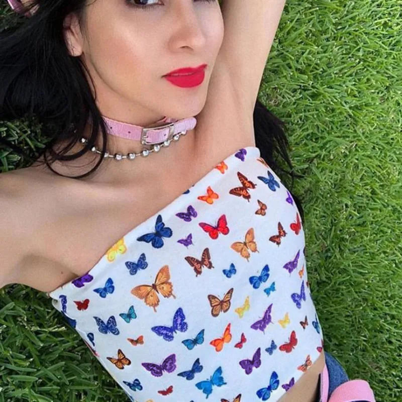 Женский Короткий Топ без бретелек с принтом бабочек облегающий кроп для лета