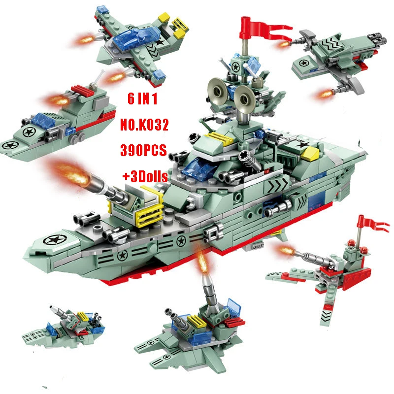 

390PCS 6 IN 1 Military Battleship ABS Model Building Bloocks Compatible With Mini Figure Bricks Toys