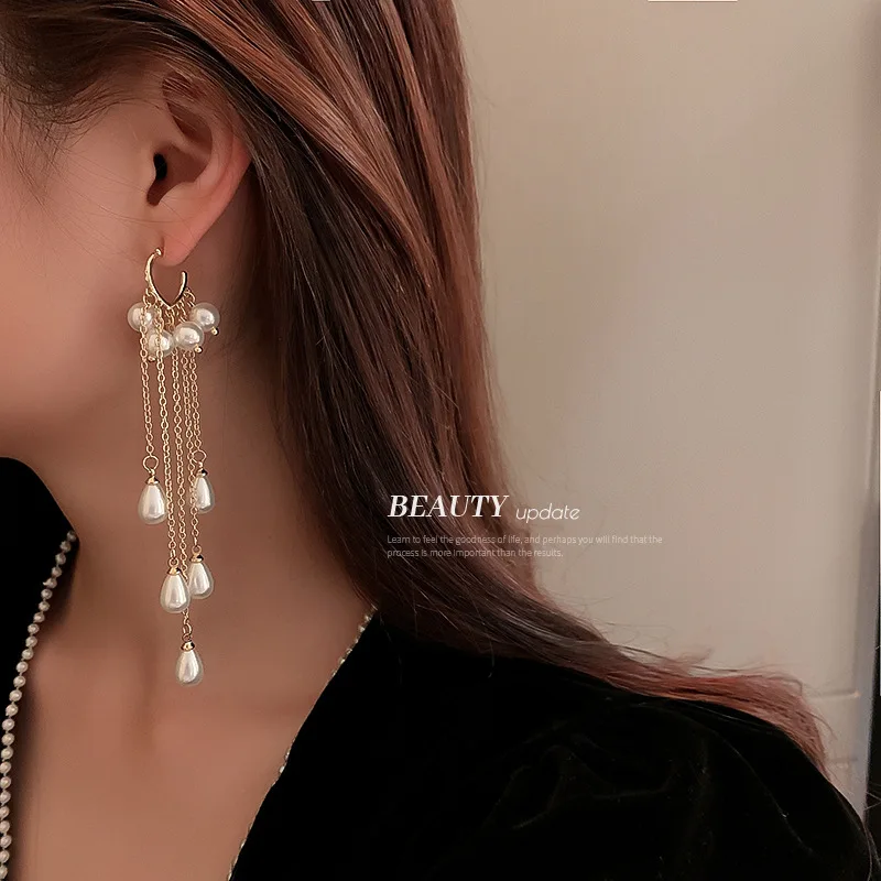 

925 Silver Needle Pearl Tassel Earrings Korea East Gate Fashion Long Temperament Girl Trend
