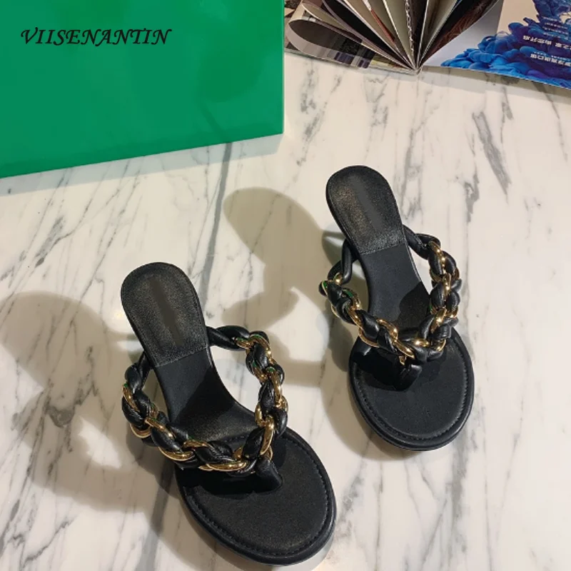 

2021 summer French fashion outer wear leather metal chain mid-heel flip flops casual women's high-heel slippers