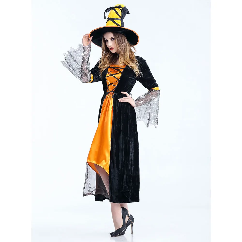 Женский костюм ведьмы Umorden оранжевый черный сетчатый длинный для косплея шляпа