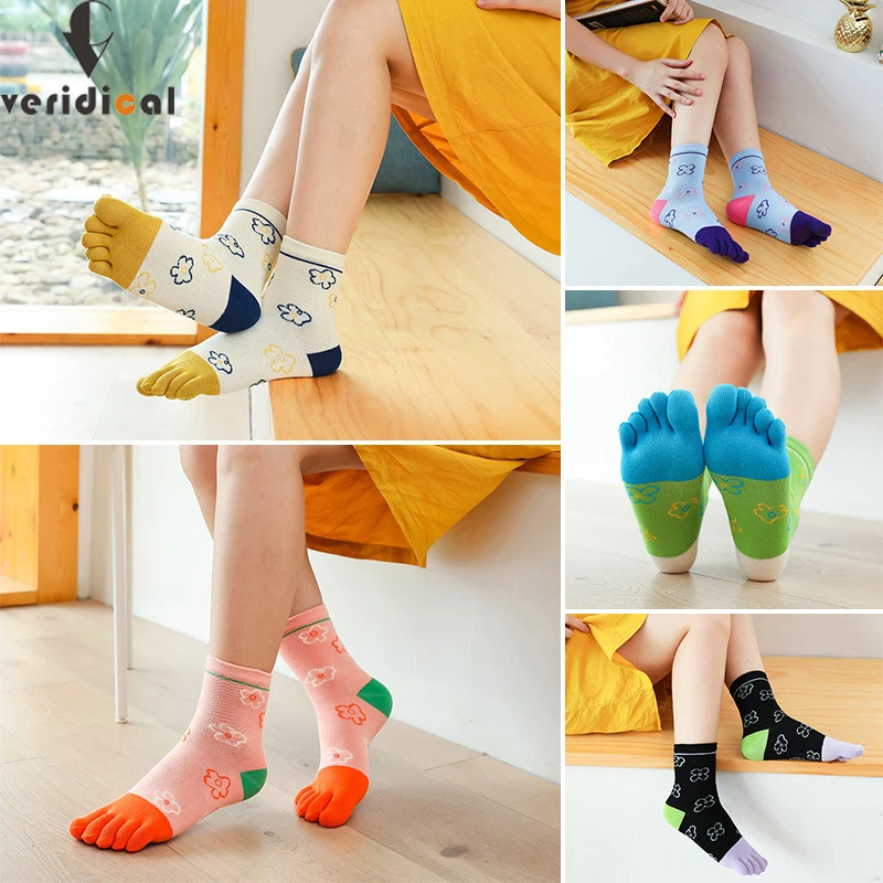 

New Style Cotton Woman Five Finger Socks Street Fashion Flowers Young Casual Colorful Harajuku Happy Socks With Toes Novelty