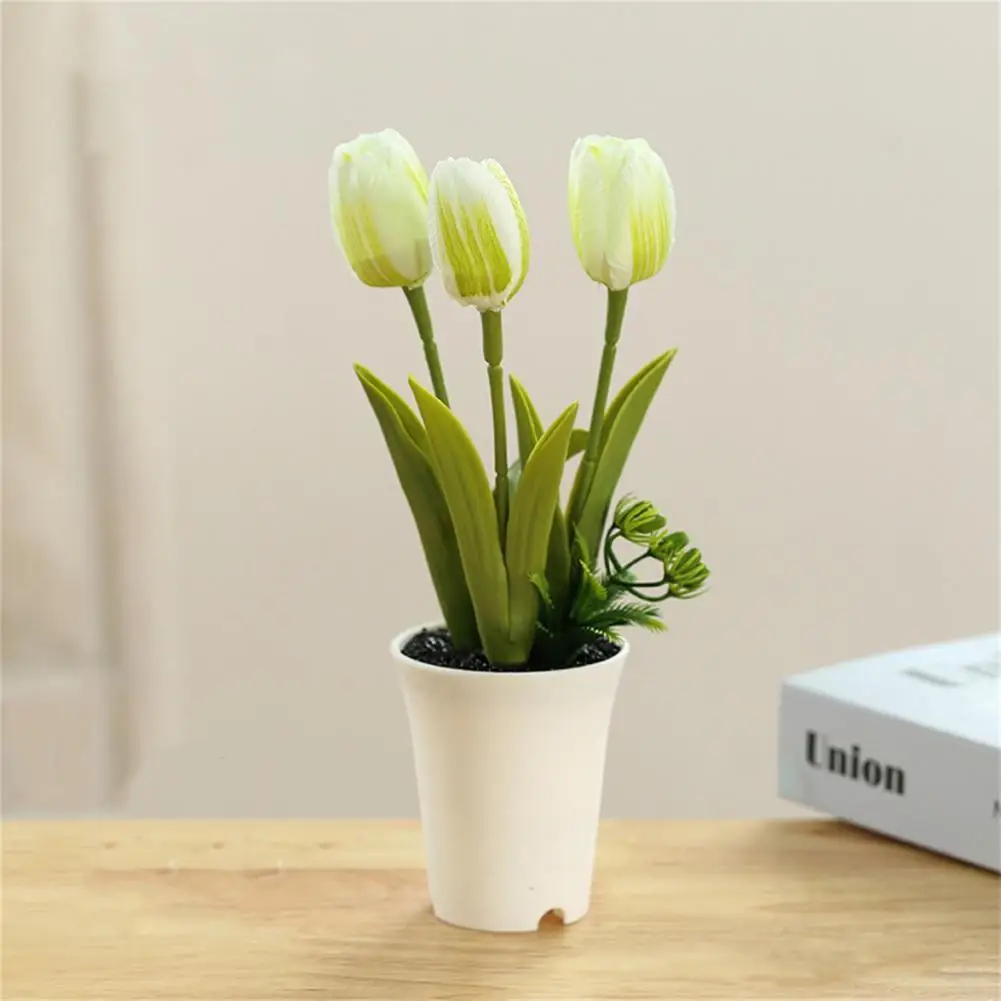 

Bloom Forever Artificial Bonsai Aesthetic Plastic Wedding Craft Fake Tulip with Flowerpot for Desktop