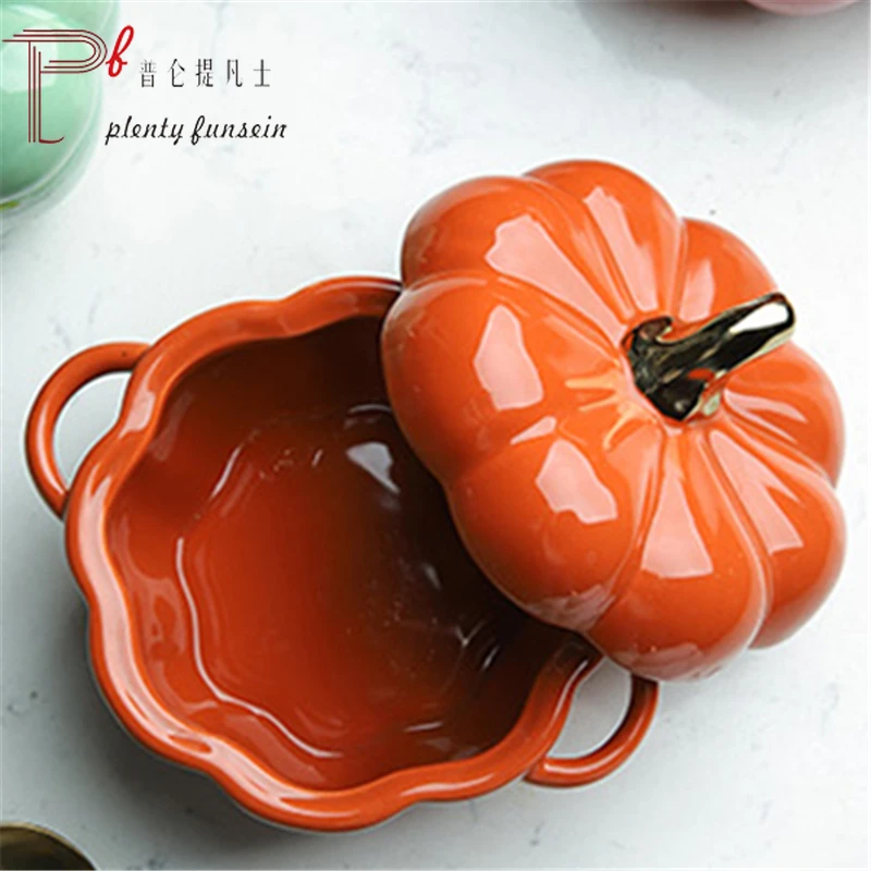 

Creative Cute Pumpkin Tureen Ceramic Bowl with Lid Baking Tableware Dessert Soup Bowl Water-Proof Slow Cooker