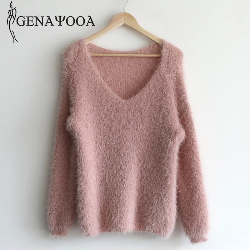 

Genayooa Cashmere Sweater Women Winter Pullover Solid Knit V Neck Long Sleeve Women's Sweater High Elastic Loose Jumper Ladies