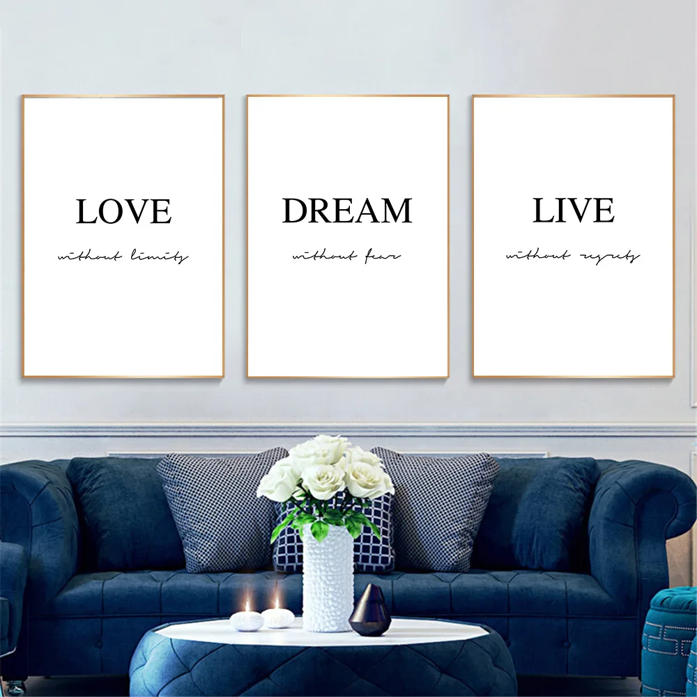 

Love Dream Live Quotes Wall Art Poster And Print Black White Motivational Sentence Canvas Painting Minimalist Picture Home Decor