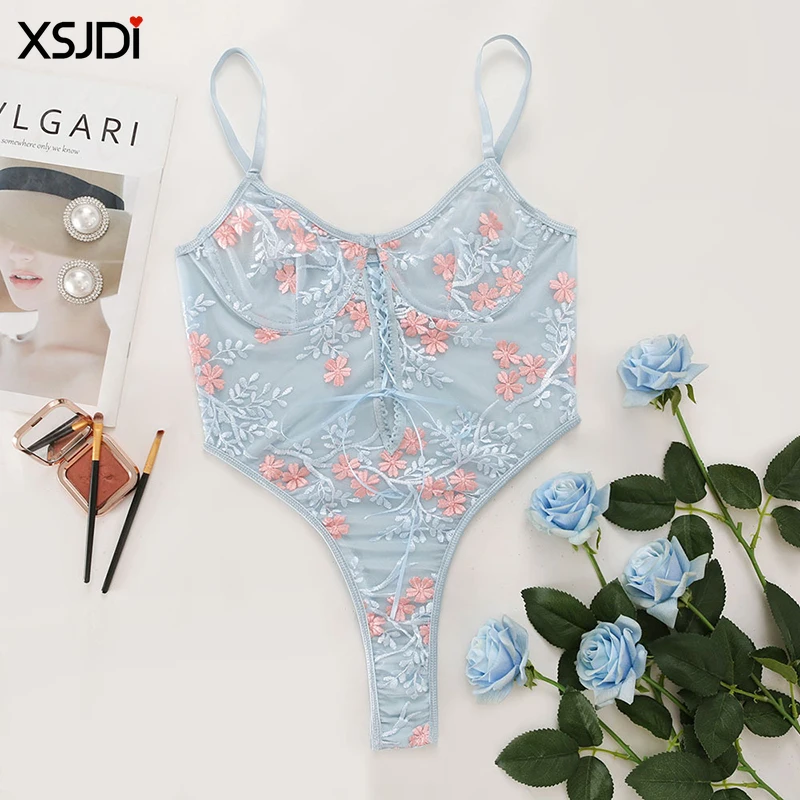 Женское Кружевное боди с вышивкой Сексуальное глубоким V-образным вырезом