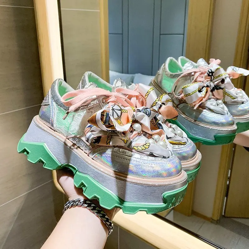 

Women Chunky Platform Sneakers Luxury Designers Fashion Bow Vulcanized Shoes Round Toe Casual Shoes Woman Sneaker British Style