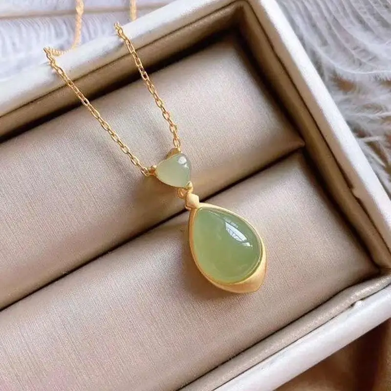 

Natural Hotian Jade Pendant Necklace Female Water Drop Hetian Gray Jade Clavicle Chain Versatile Personality S925 Sterling Silve