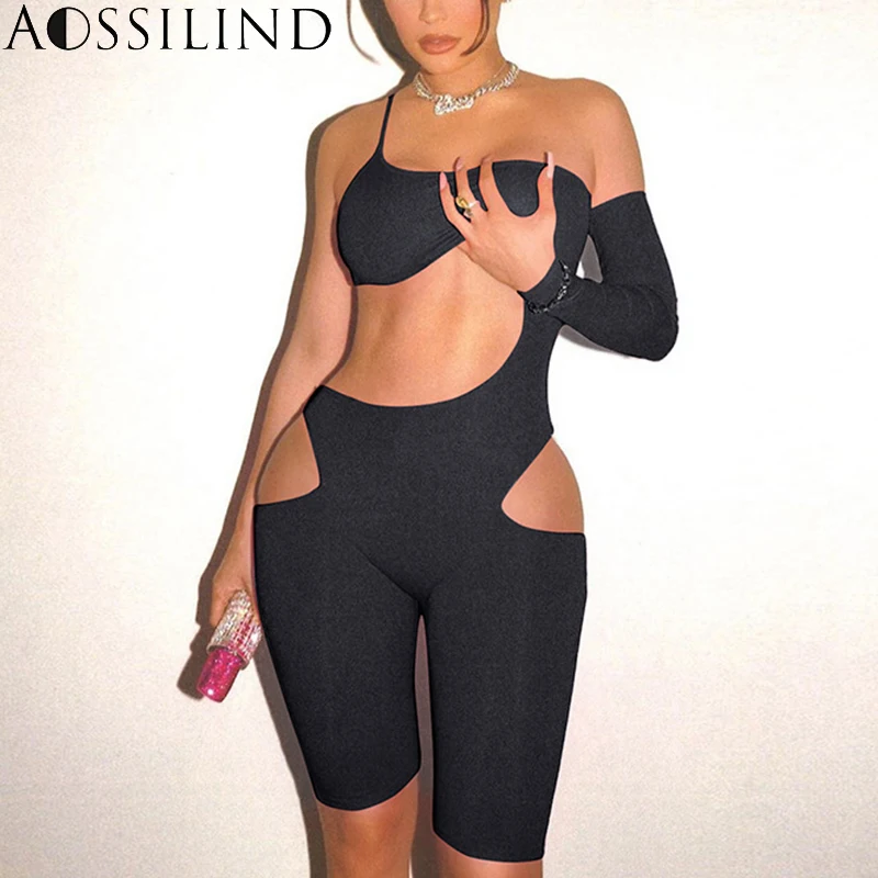 

Сексуальные черные комбинезоны AOSSILIND, женский комбинезон с вырезами, облегающие летние комбинезоны, женские повседневные Клубные короткие ...
