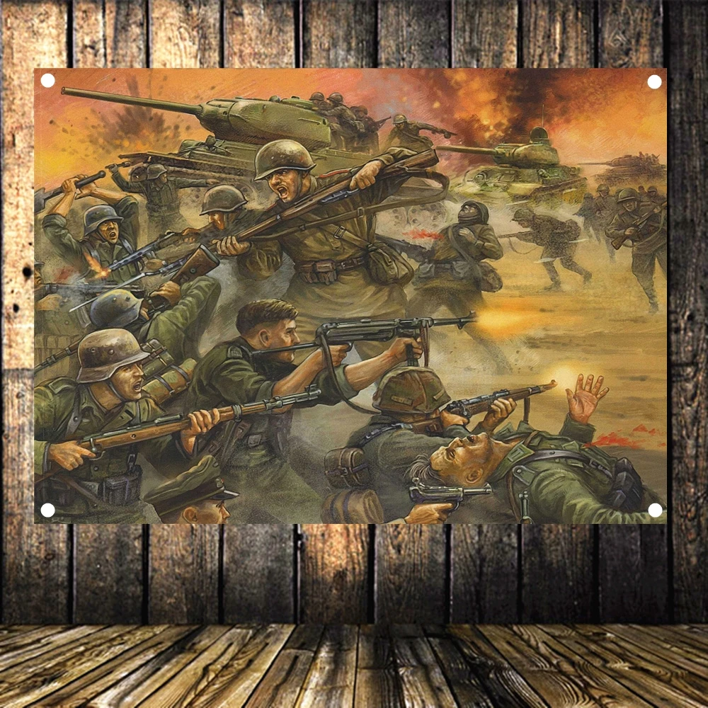 

WW II Tank Battle Old Photo Retro Military Poster HD Canvas Print Art Flag Banner Mural Tapestry Wall Stickers Home Decoration D