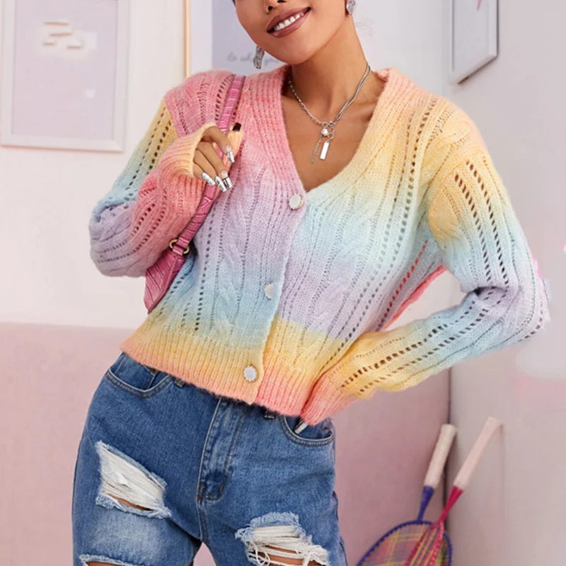 

Women Ruffles Boho Cardigan Sweater Tie Dye Gradient Rainbow Jacket Cardigans 2021 Autumn Winter Fashion Female Knitwear Coat