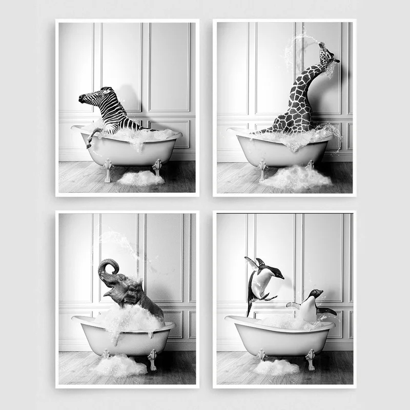 

Elephant Zebra Baby Animal Painting Bathtub Canvas Poster Print Picture Bathroom Toilet Children's Room Decoration