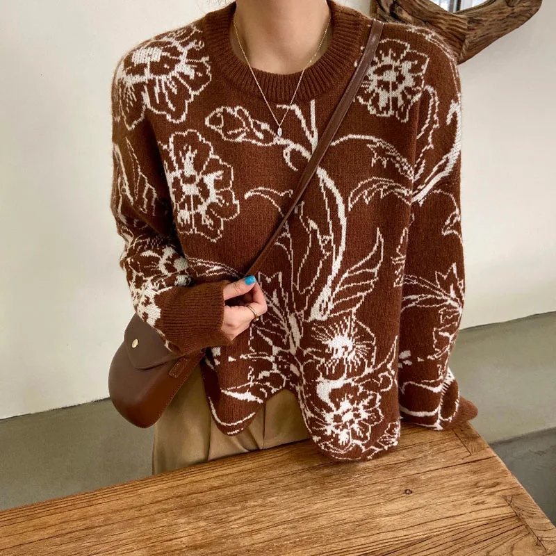 

Chic Women Irregular Fashion Retro O-Neck Knitwear Floral Printing Sweater 2020 Soft Korean Ladies Pullovers Tops