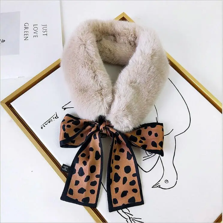 

2020 New Leopard Print Womens Winter Small Scarf Faux Fur Patchwork Scarf Dot Point Print Cute Ball Collar Shawl Thicken Warmer
