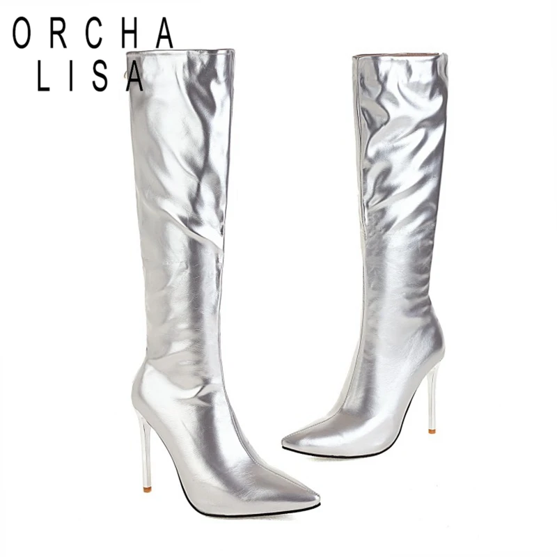 

ORCHALISA Sapato feminino Sexy Over The Knee Long Boots Silver Mirror Pointy Toe Club Party Shoes Thin High Heels Botte F1527