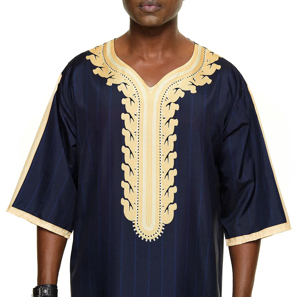 

Islam Abaya Men's Clothing Muslim Dresses Long 2021 V-Neck Color Navy Patchwork Fashion Straight Male Dress 2021 Summer