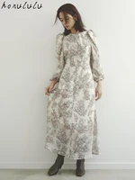 2022 early spring new style japanese jacquard print lantern sleeve temperament waist floral dress women