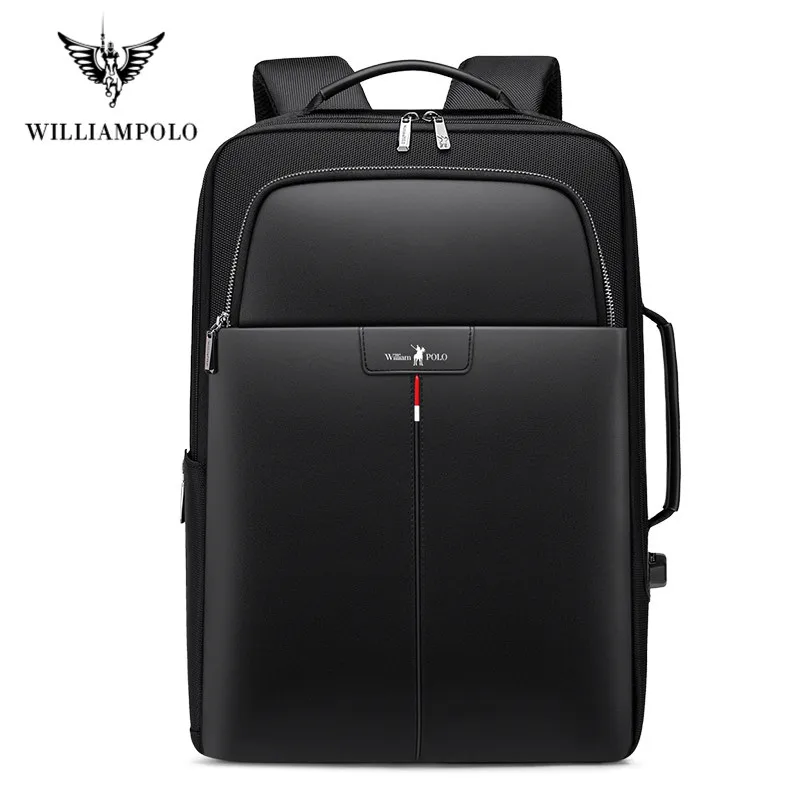 Мужской рюкзак от кражи WILLIAMPOLO расширяемый кожаный с USB внешней зарядкой для