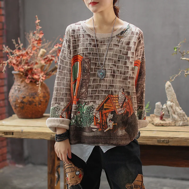 Women Sweater Autumn Winter Retro Large size Knitting Pullovers Tops 2019 New Ladies Print Pattern Loose All-match | Женская одежда